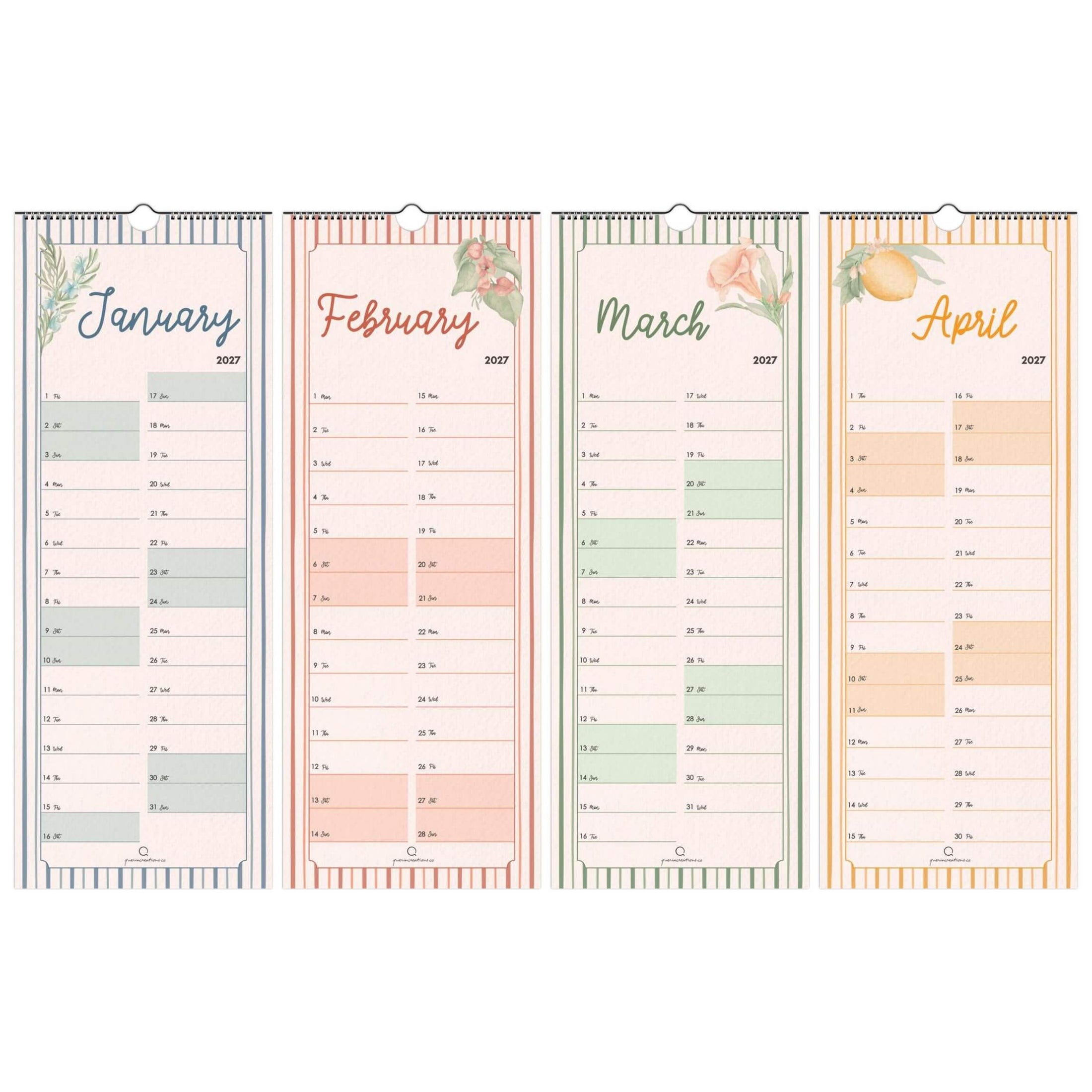 Four vertical monthly planners for January to April with floral and fruit designs on a white background.