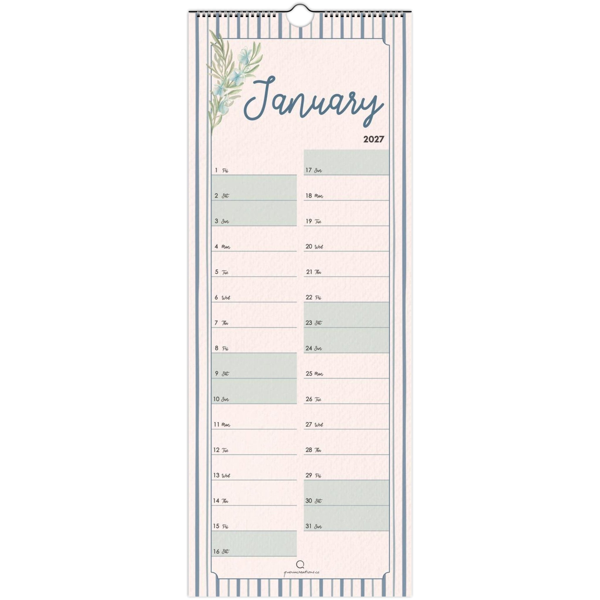 Vertical calendar for January 2027 with floral design on a white background