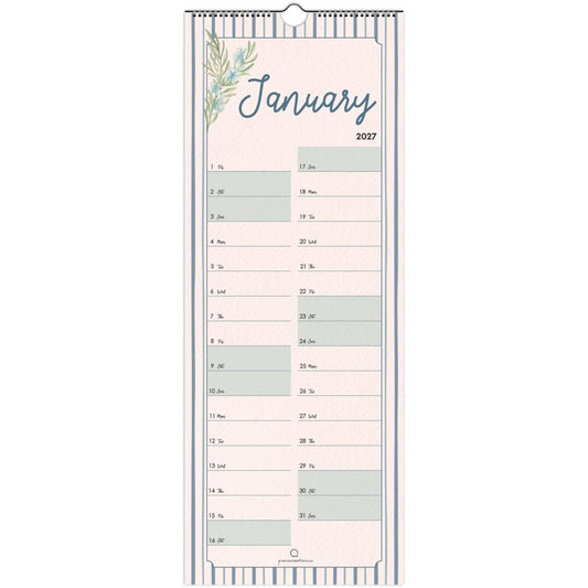 Vertical calendar for January 2027 with floral design on a white background
