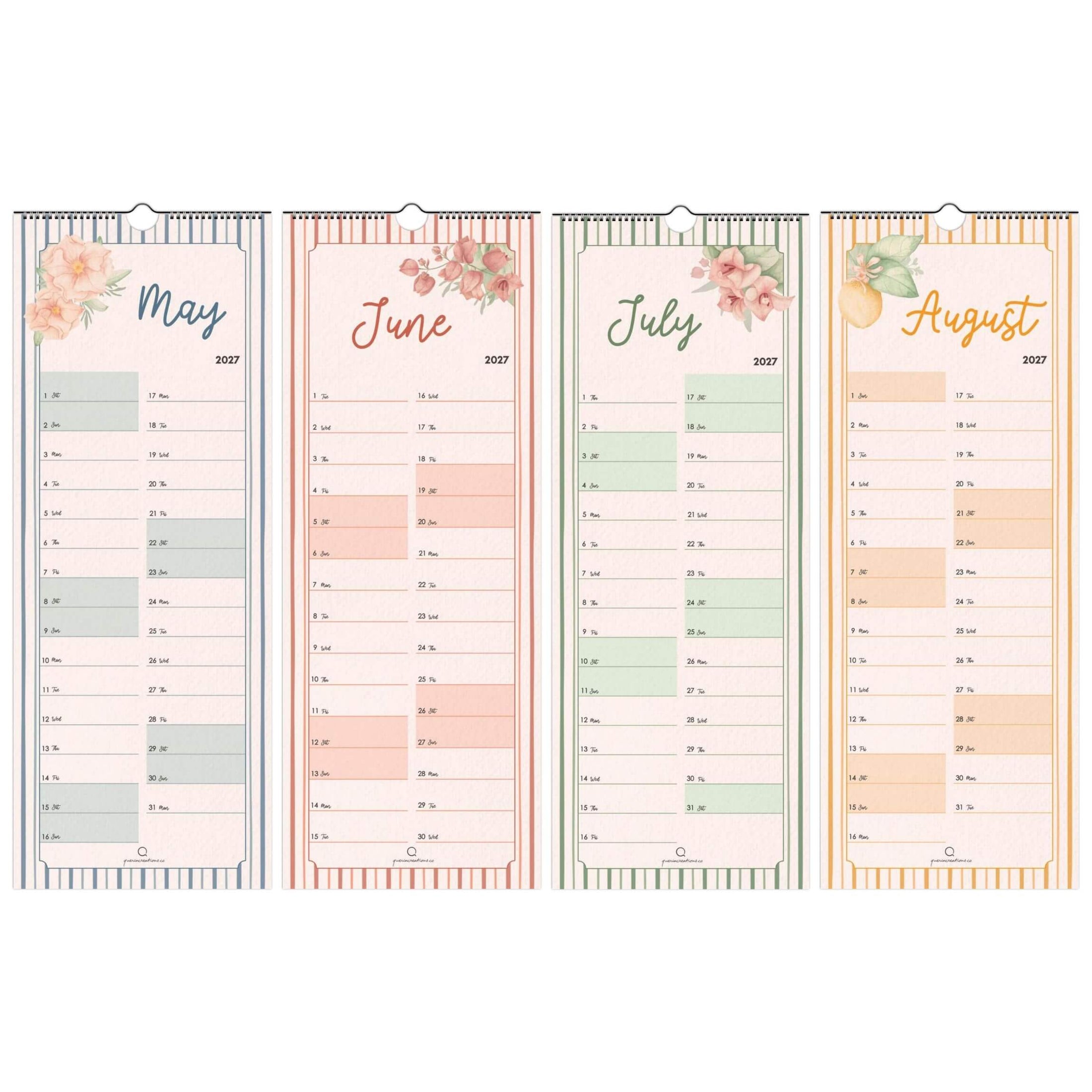 Four vertical monthly planners for May, June, July, and August with floral designs on a white background.