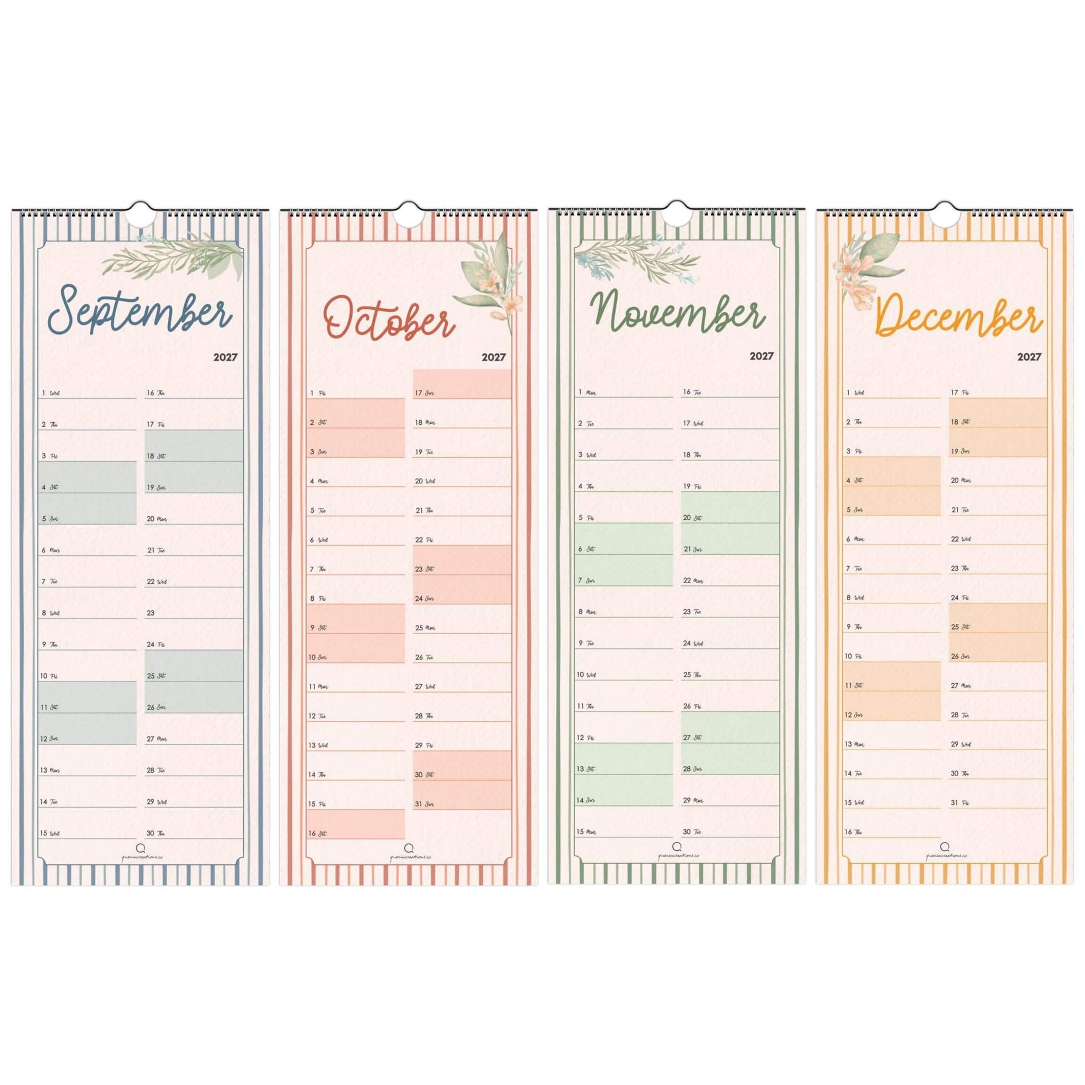 Four vertical calendar pages for September, October, November, and December with floral designs.