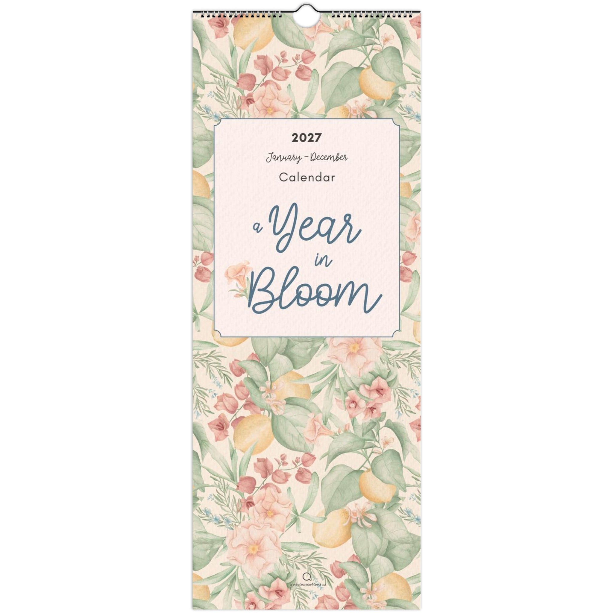 Floral calendar titled 'A Year in Bloom' on a white background