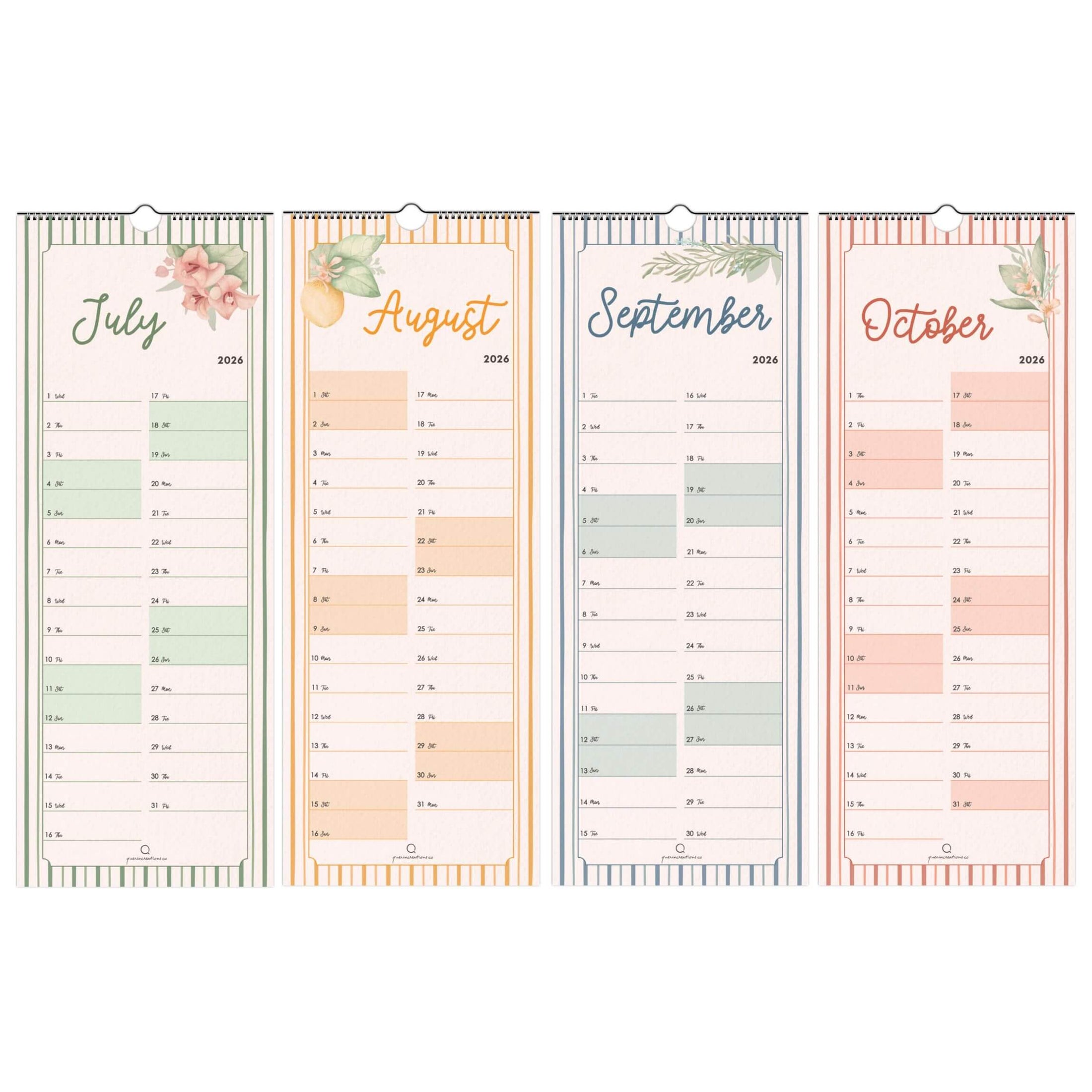 Four-month calendar with floral designs for July, August, September, and October on a white background.