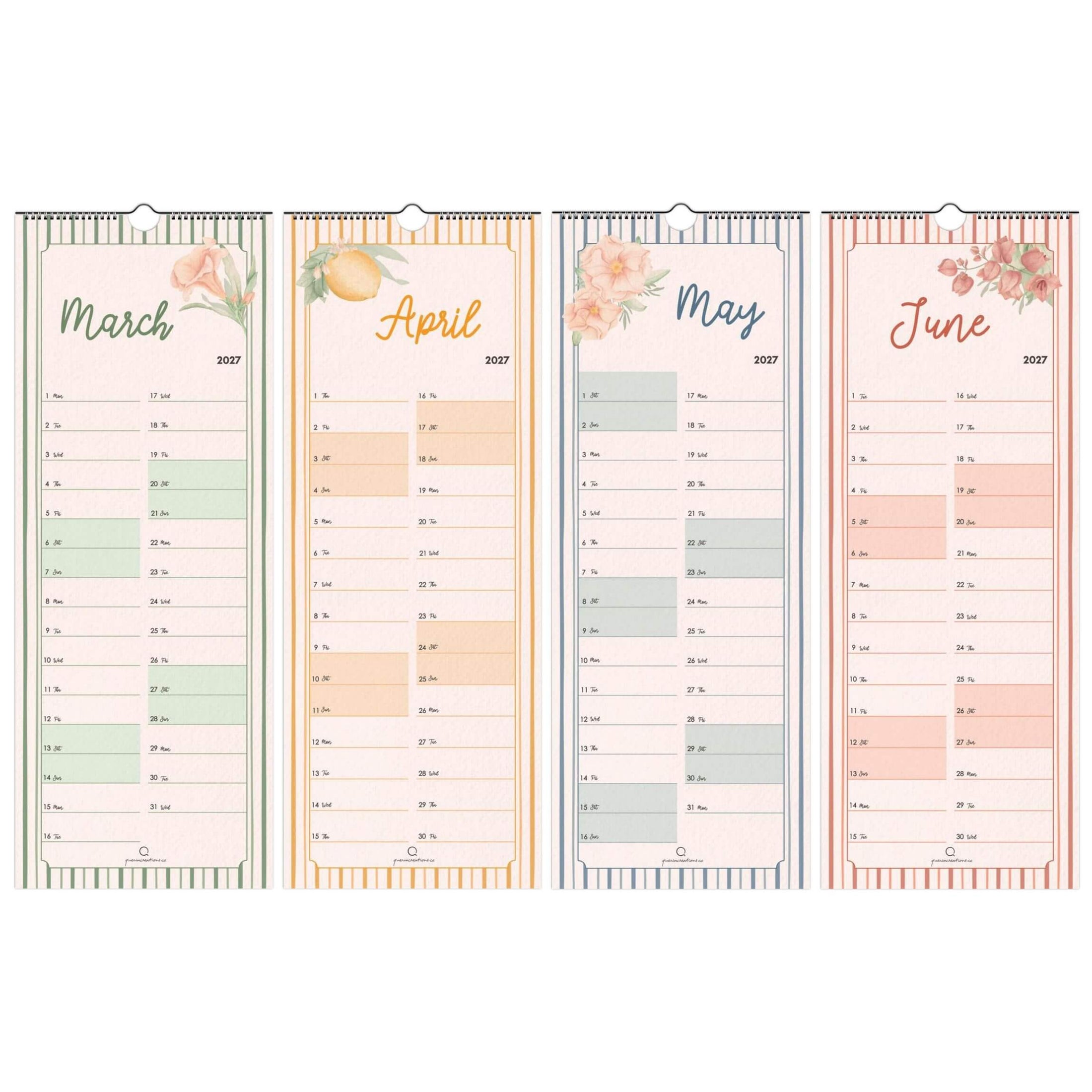 Four vertical calendar pages for March, April, May, and June with floral designs on a white background.