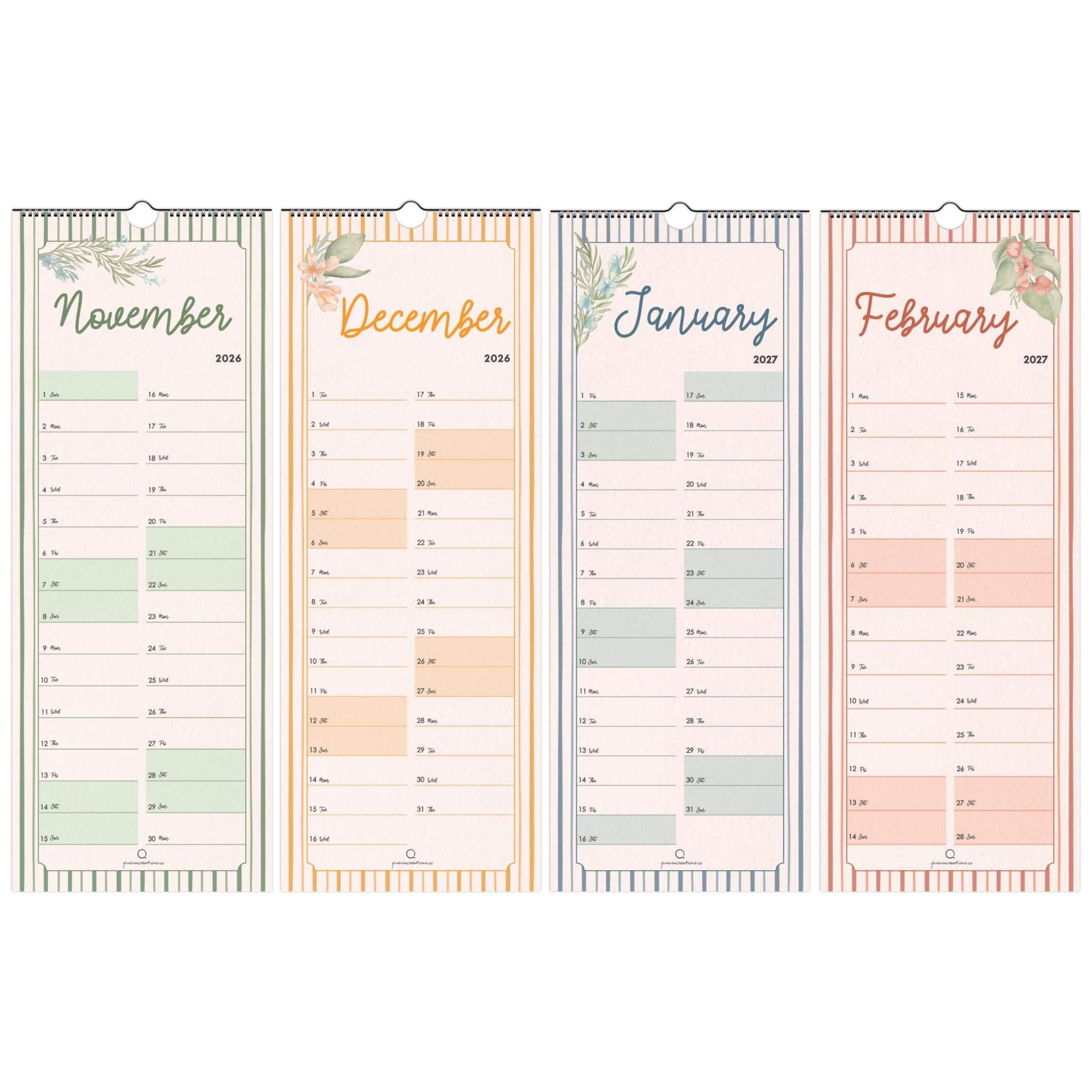 Four-month calendar with floral designs for November, December, January, and February on a white background.