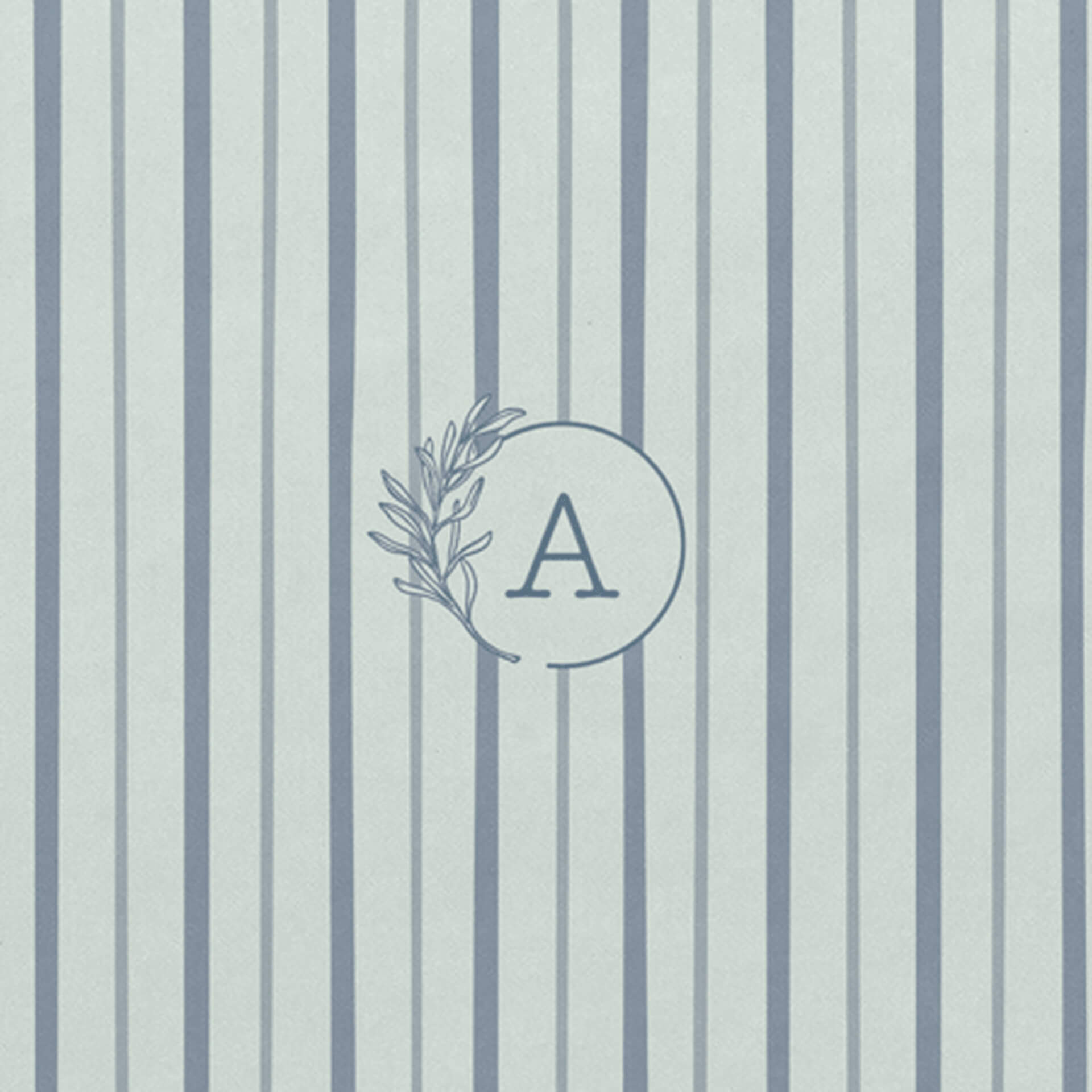 Detail of floral rosemary leaf wreath monogram on striped blue pattern