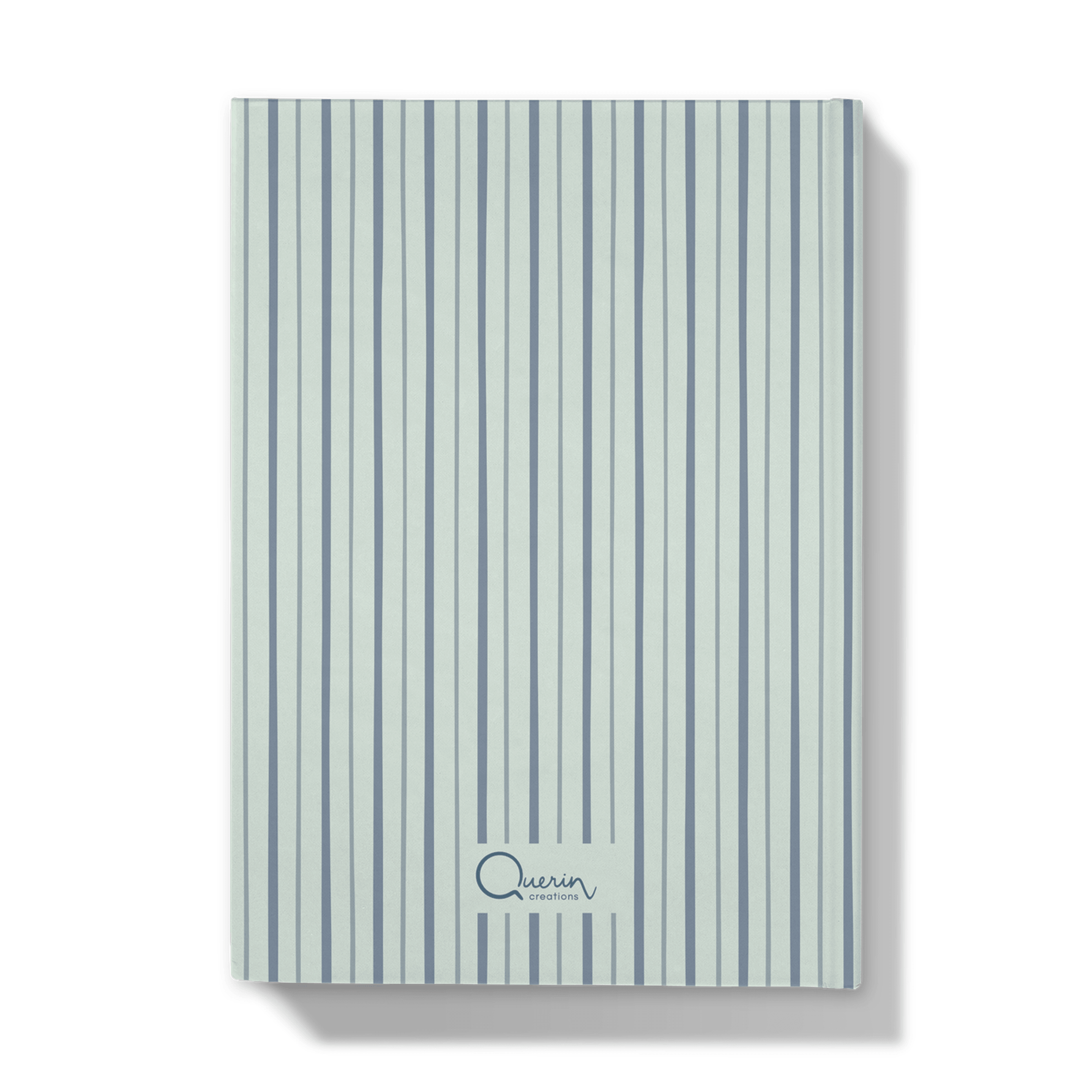 Back of notebook with blue striped pattern on a white background