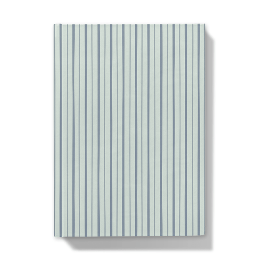 Notebook with blue striped cover on a white background