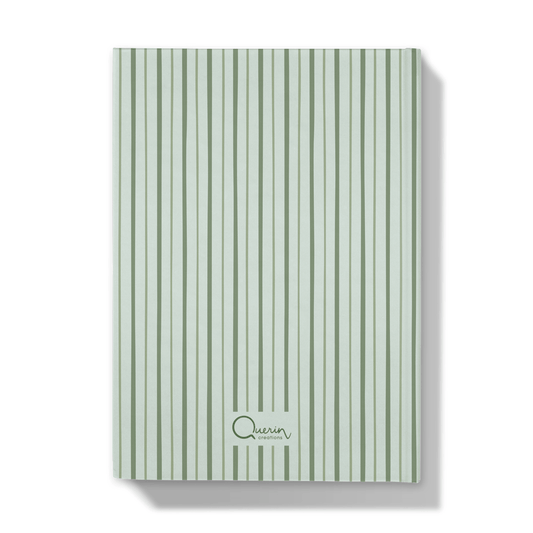 Back of a notebook with green striped pattern on a white background
