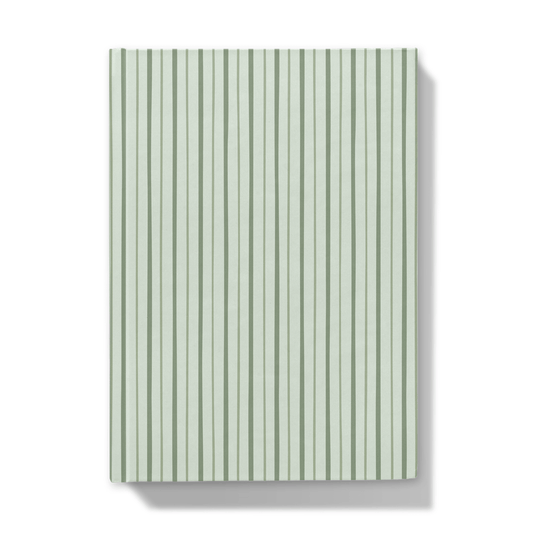 Notebook with deep green and mint green  striped pattern on a white background
