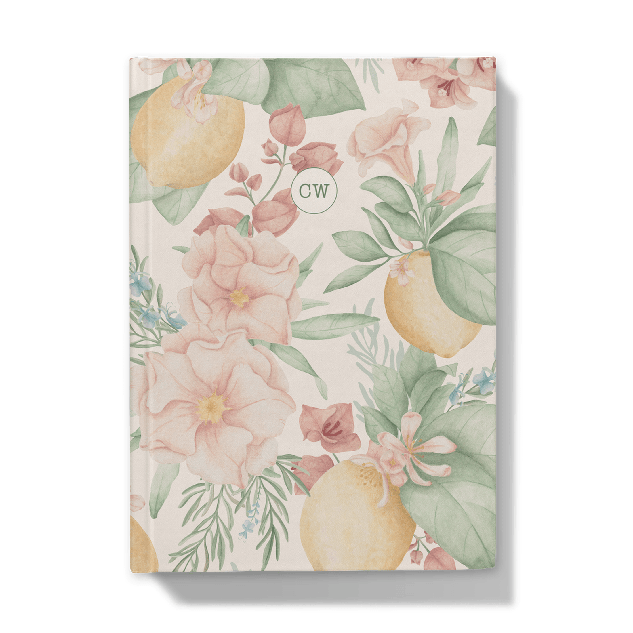 Notebook with floral and lemon design on a white background with personalised monogram 
