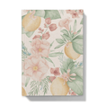 Load image into Gallery viewer, Front of notebook with lemons and mediterranean flowers pattern on a blush pick background
