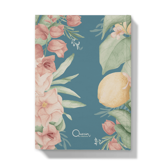 Back of notebook with floral and lemon design on a blue background