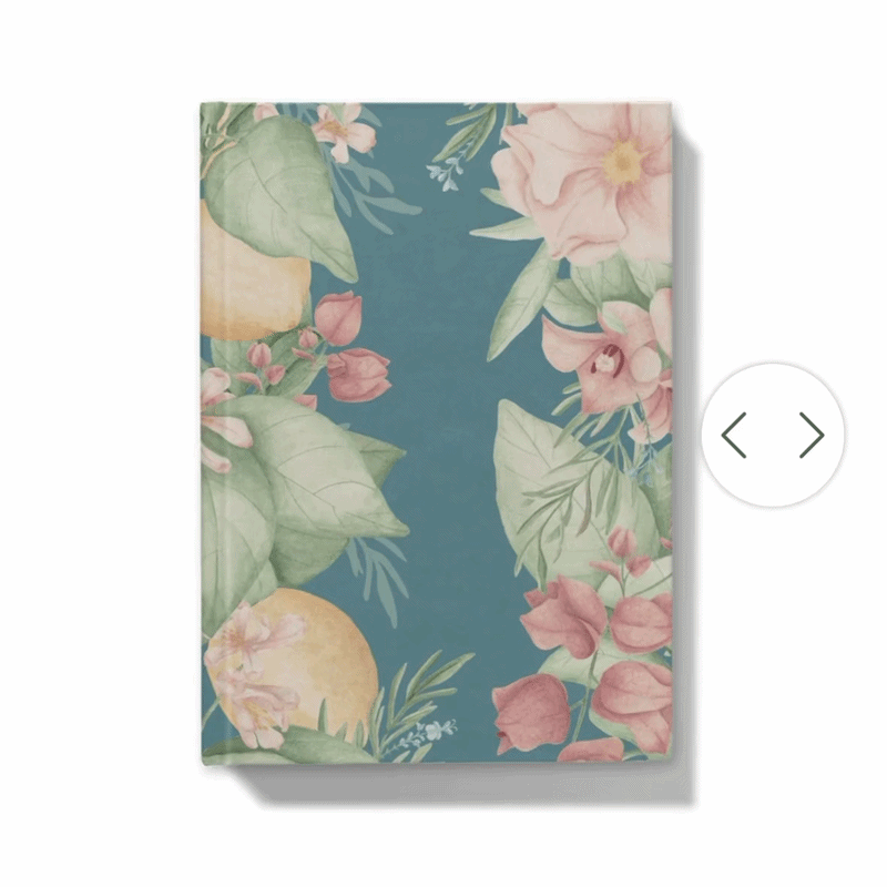 Gif showing how the journal looks with personalised monogram on floral design with pink flowers and green leaves on a blue background