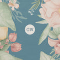 Load image into Gallery viewer, Floral design with pink flowers and green leaves on a blue background, featuring initials 'CW'.
