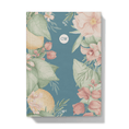Load image into Gallery viewer, Front of notebook with floral and citrus design on a blue background and circular monogram 
