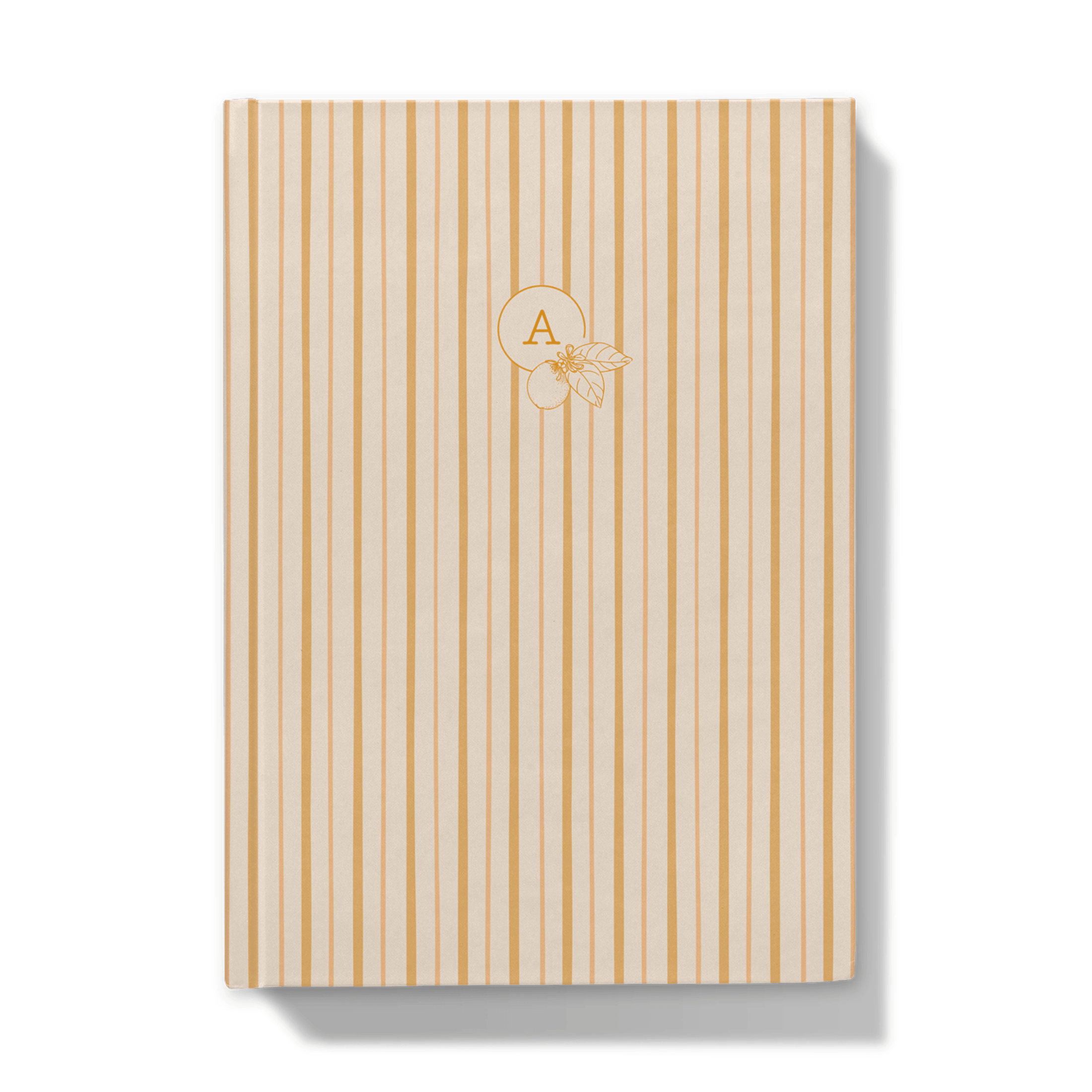 Front cover Notebook with yellow vertical stripes and a monogram on a white background