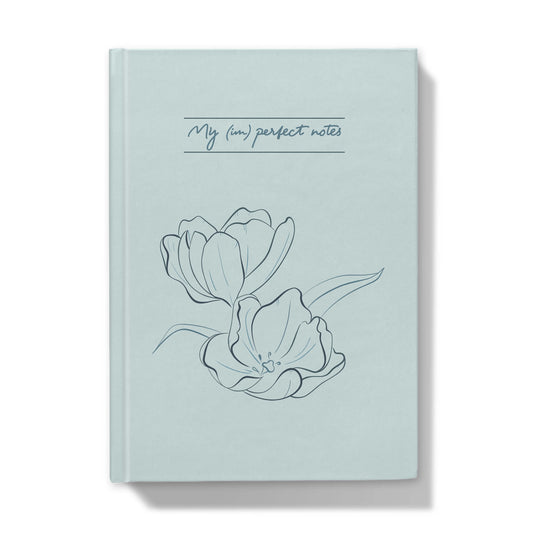Querin Creations Hardcover Journal with tulip design and text on a light blue background, floral stationery collection 