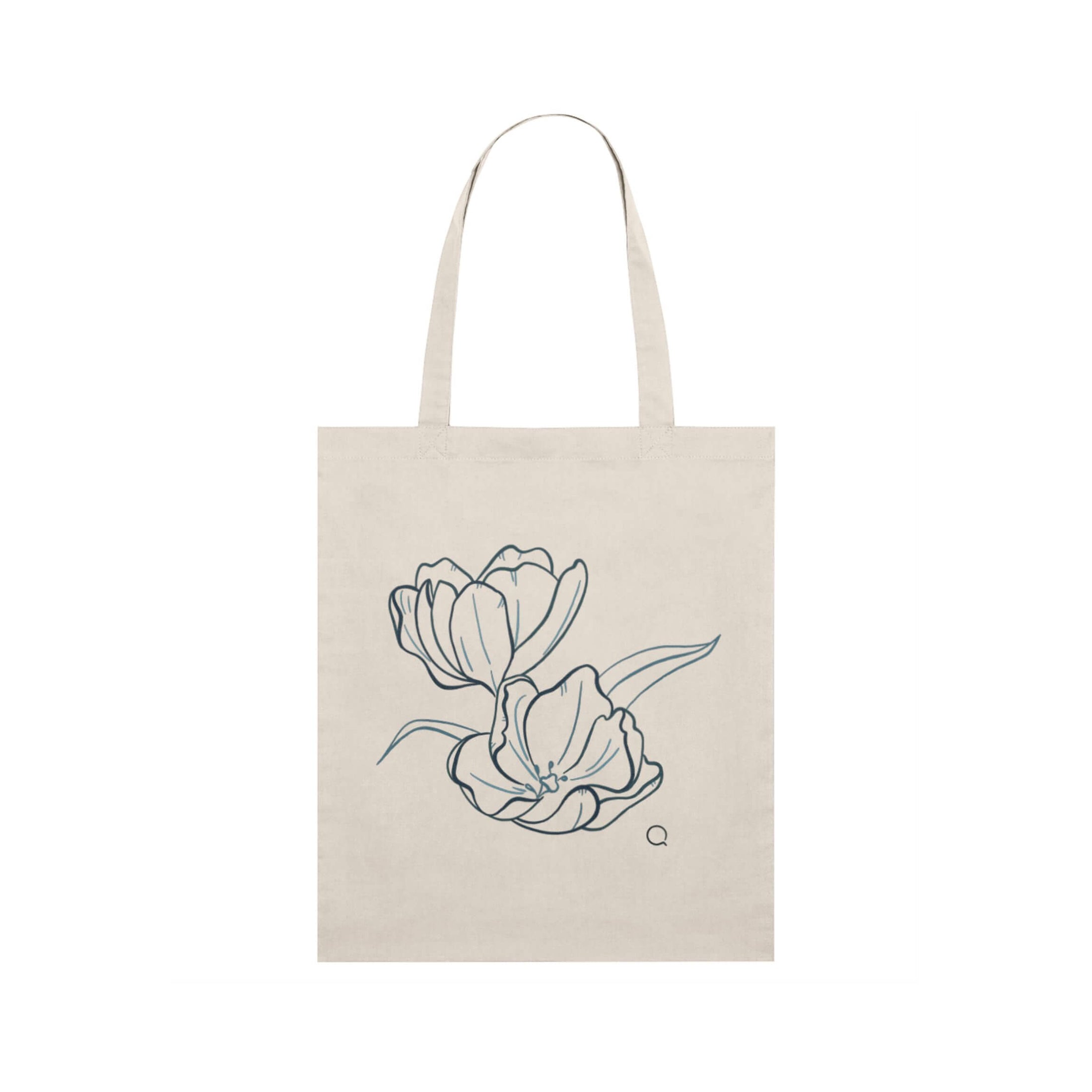 Beige tote bag with floral design on a white background, tulips design