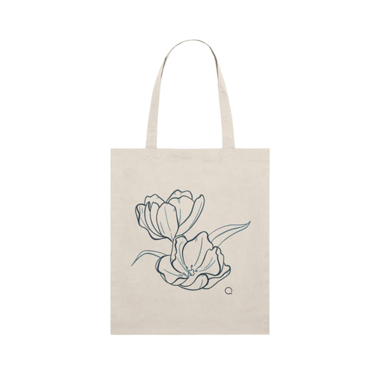 Beige tote bag with floral design on a white background, tulips design