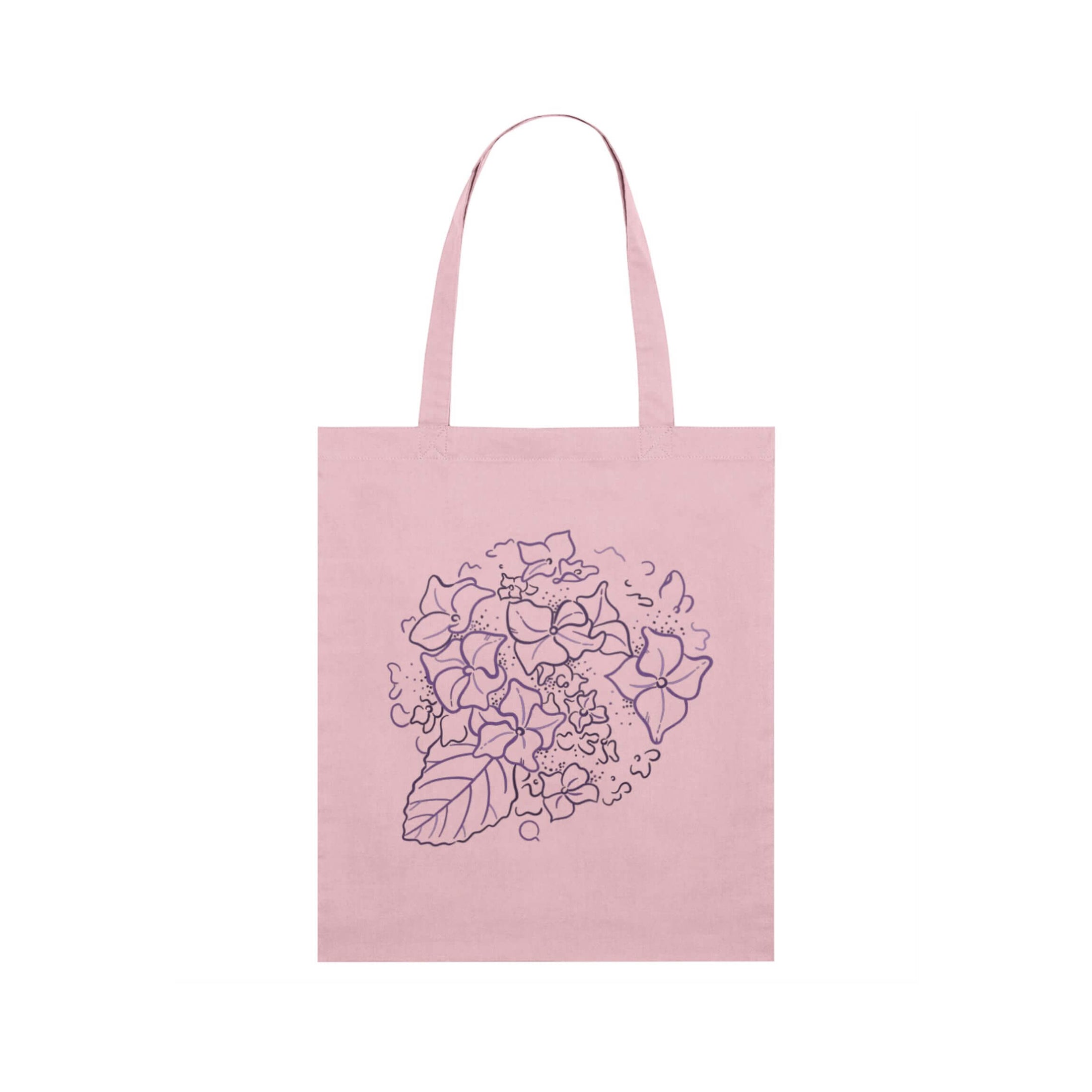 Pink tote bag with floral design on a white background, hydrangea design
