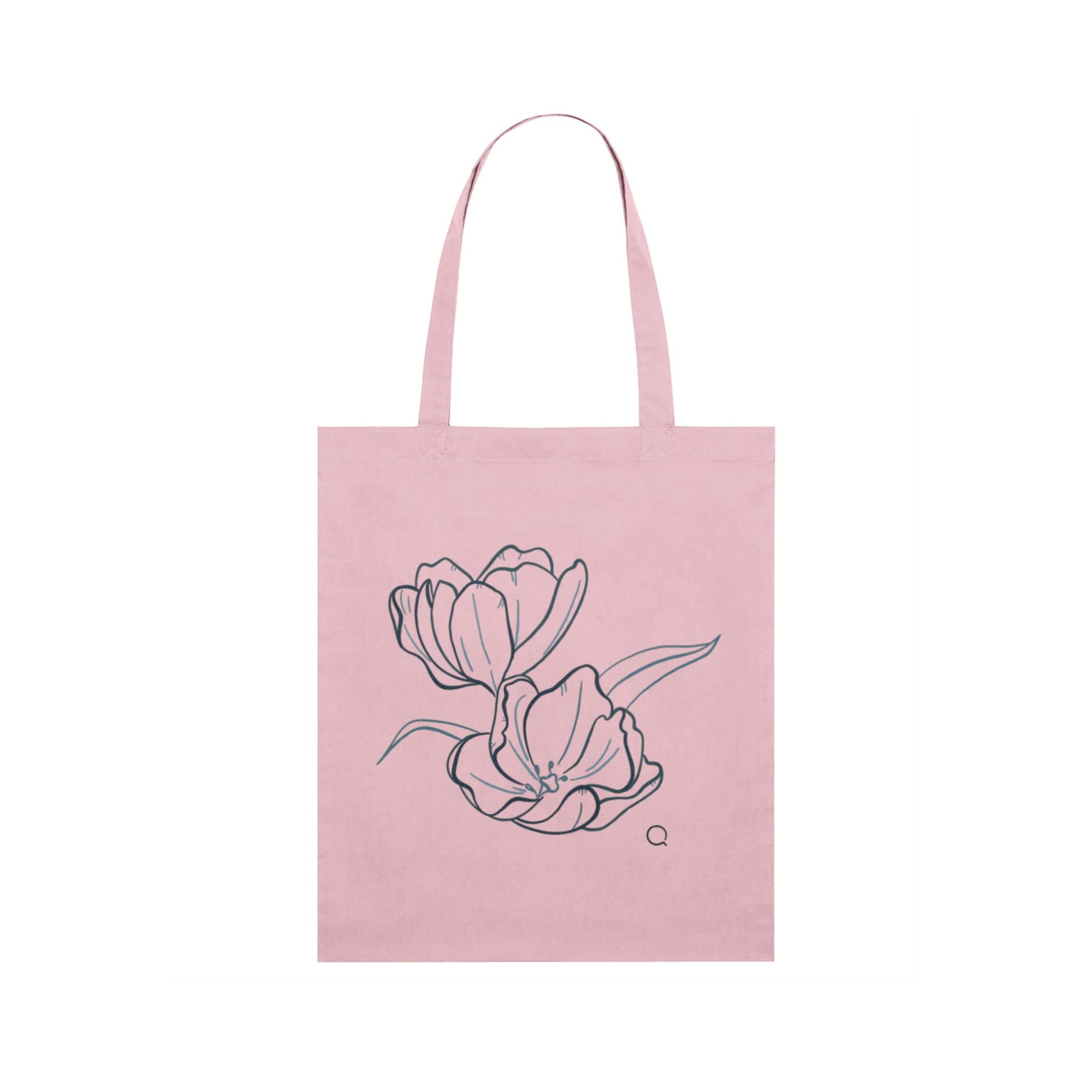 Pink tote bag with floral design on a white background, tulips design