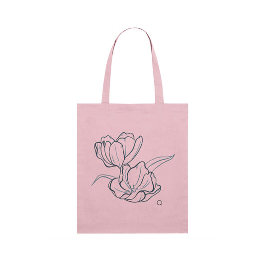 Pink tote bag with floral design on a white background, tulips design