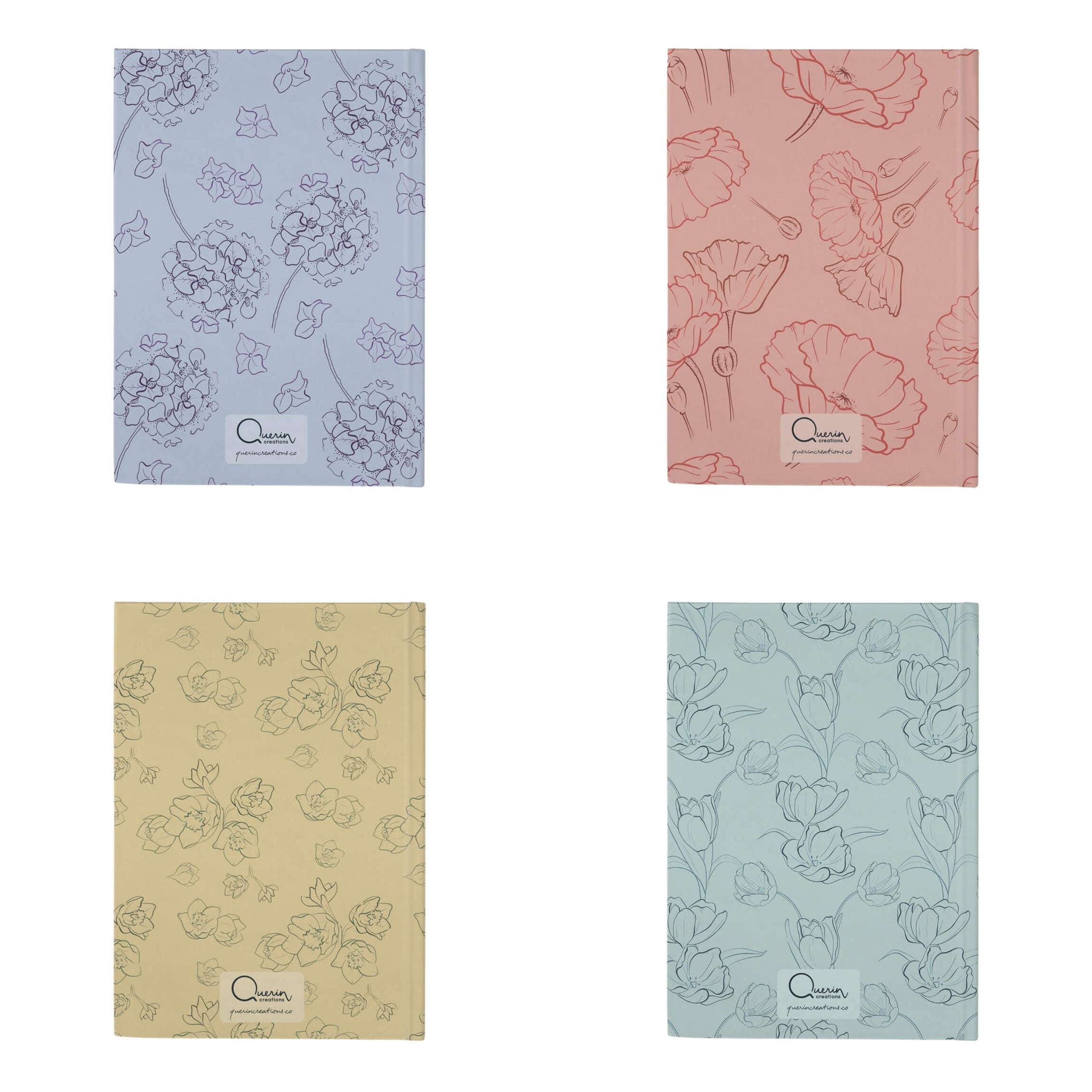 Four floral-patterned notebooks in different colors on a white background.