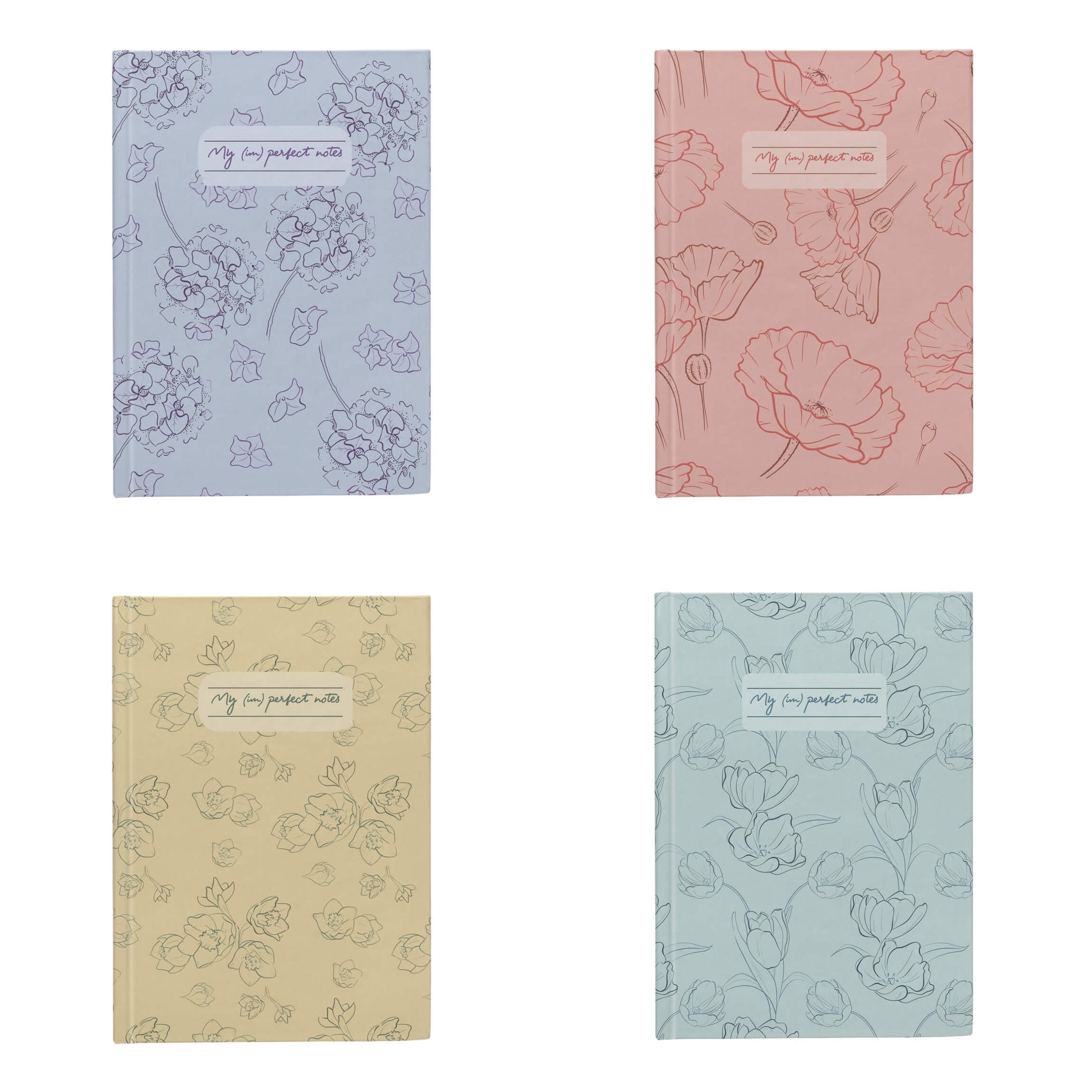 Four floral-patterned notebooks in different colors on a white background
