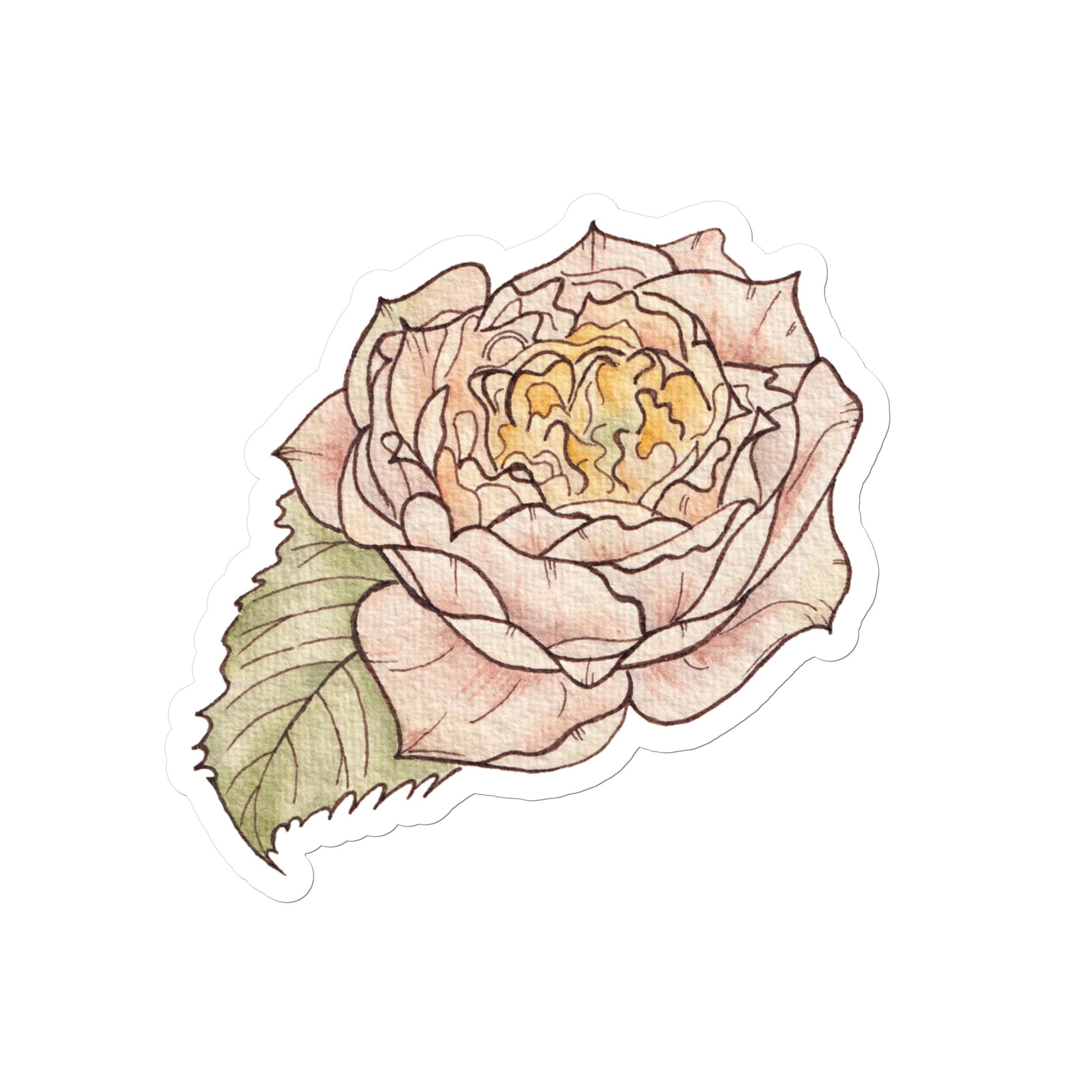 Querin Creations kiss cut Stickers with watercolour Illustration of a pink rose with a green leaf 