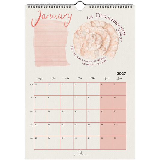 2027 seashells calendar A4 format, showcasing seashells with to do list, inspirational quote and monthly grid, January