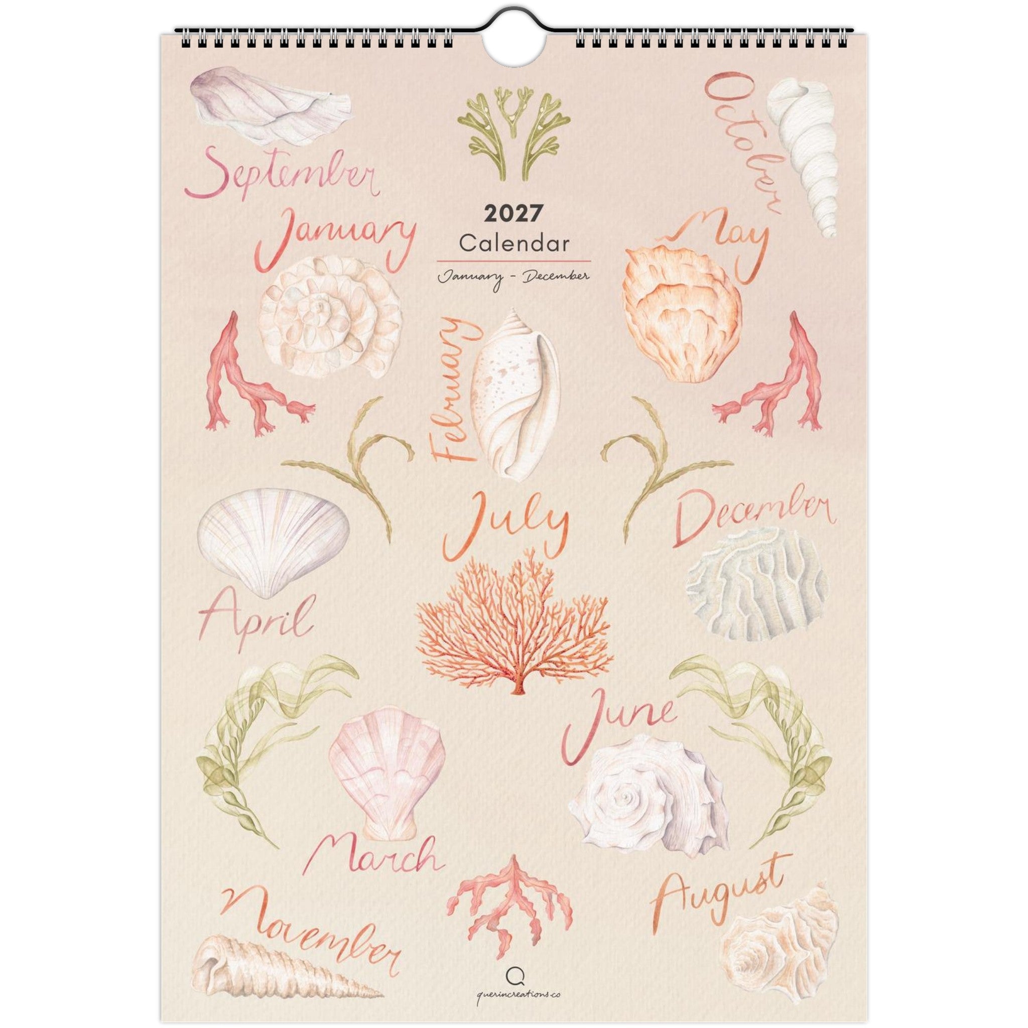 A 2027 wall calendar featuring a nautical design with illustrated seashells, coral, and handwritten month names in soft pink, peach, and sage green on a warm cream background.