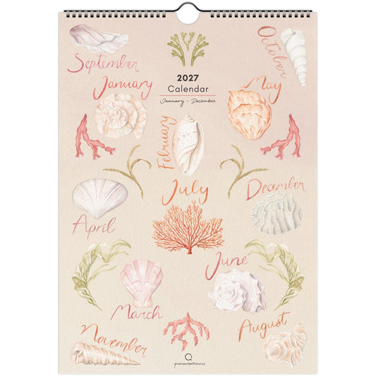 A 2027 wall calendar featuring a nautical design with illustrated seashells, coral, and handwritten month names in soft pink, peach, and sage green on a warm cream background.