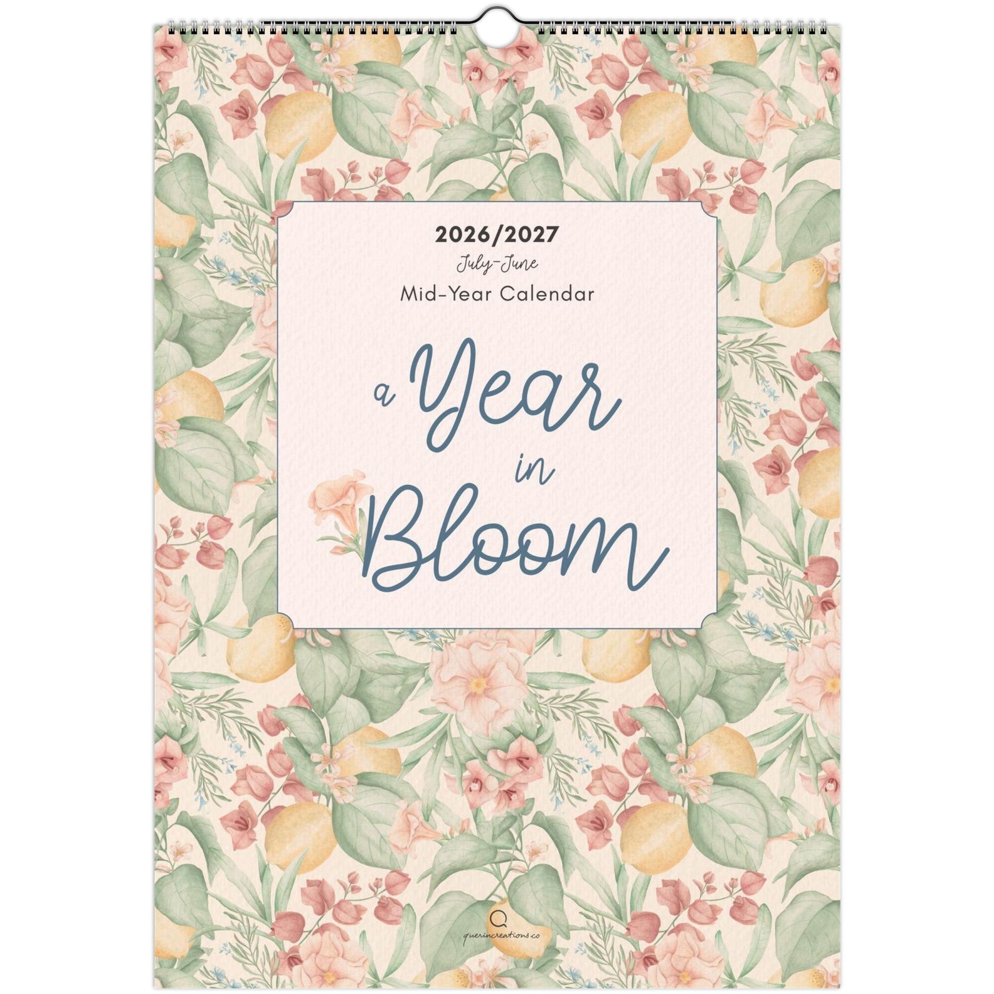 Floral patterned calendar with 'A Year in Bloom' text on a white background