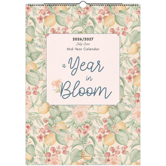 Floral patterned calendar with 'A Year in Bloom' text on a white background