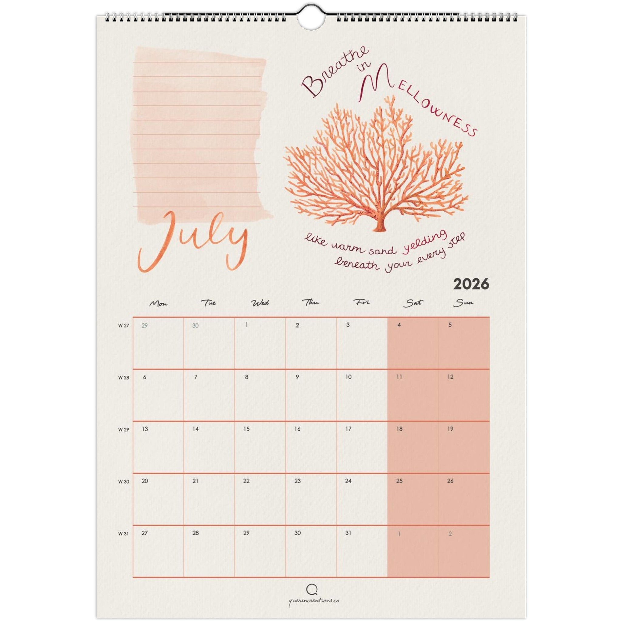 Calendar for July 2026 with a tree illustration and text on a white background
