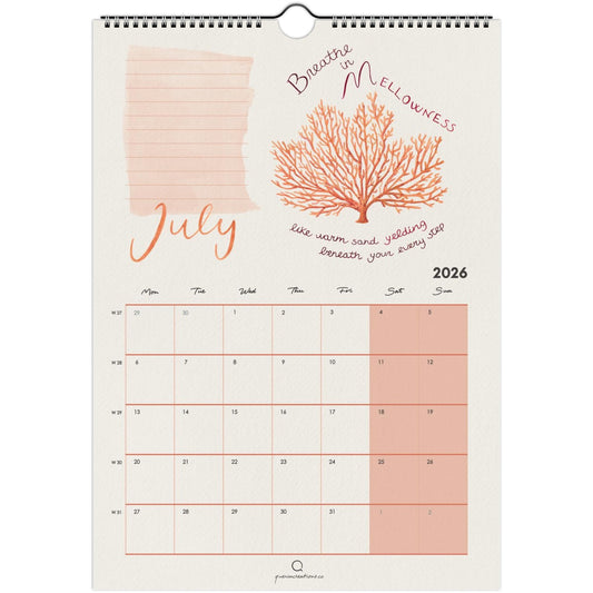 Calendar for July 2026 with a coral design and text on a white background